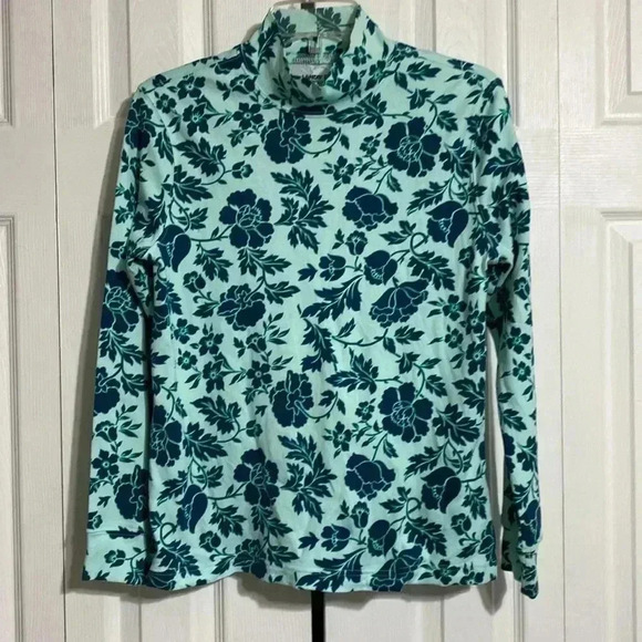 Lands End cotton green floral mock neck turtleneck shirt top size XS - Picture 1 of 11